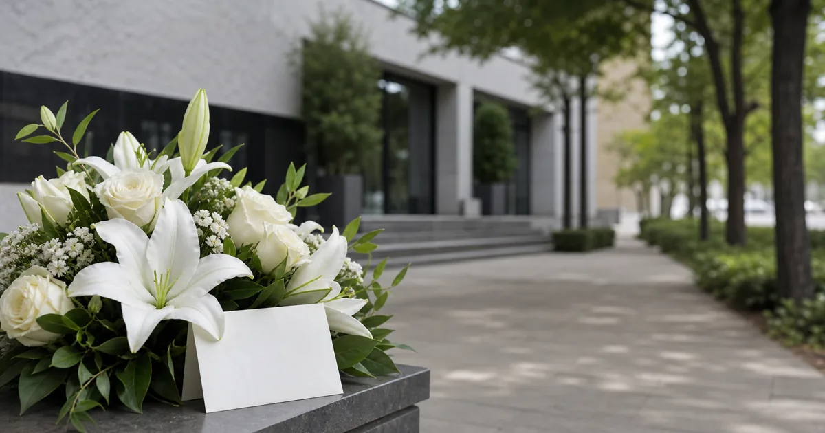 Flores blancas de condolencia junto a un acceso exterior de tanatorio