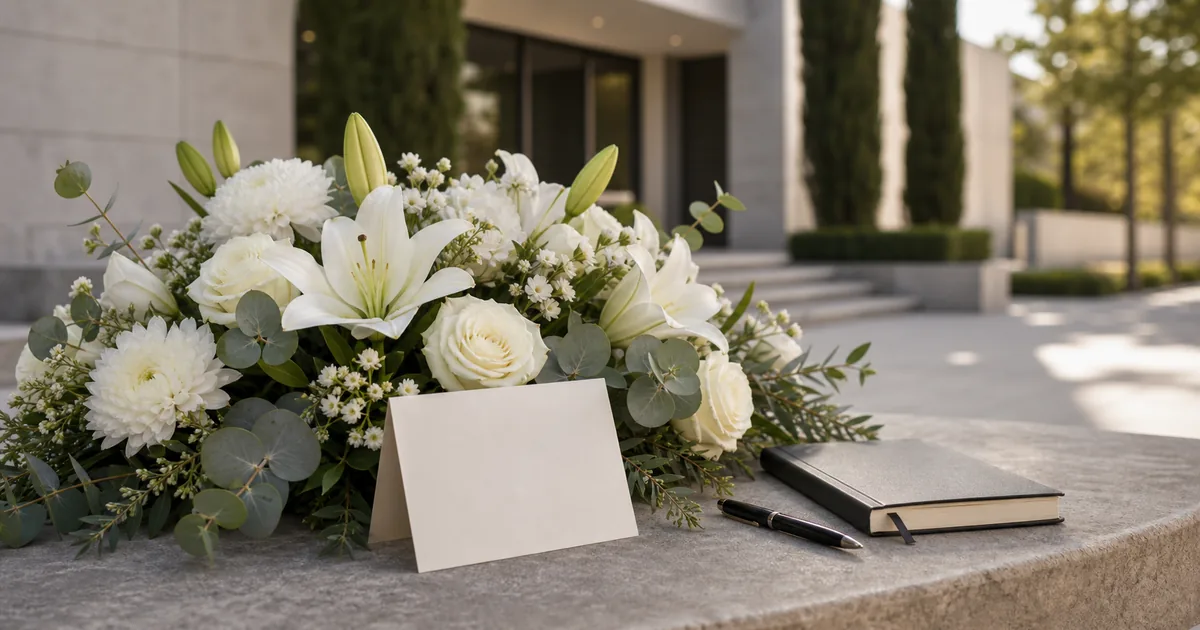 Centro de flores blancas y cuaderno para preparar datos antes de visitar un tanatorio en Madrid